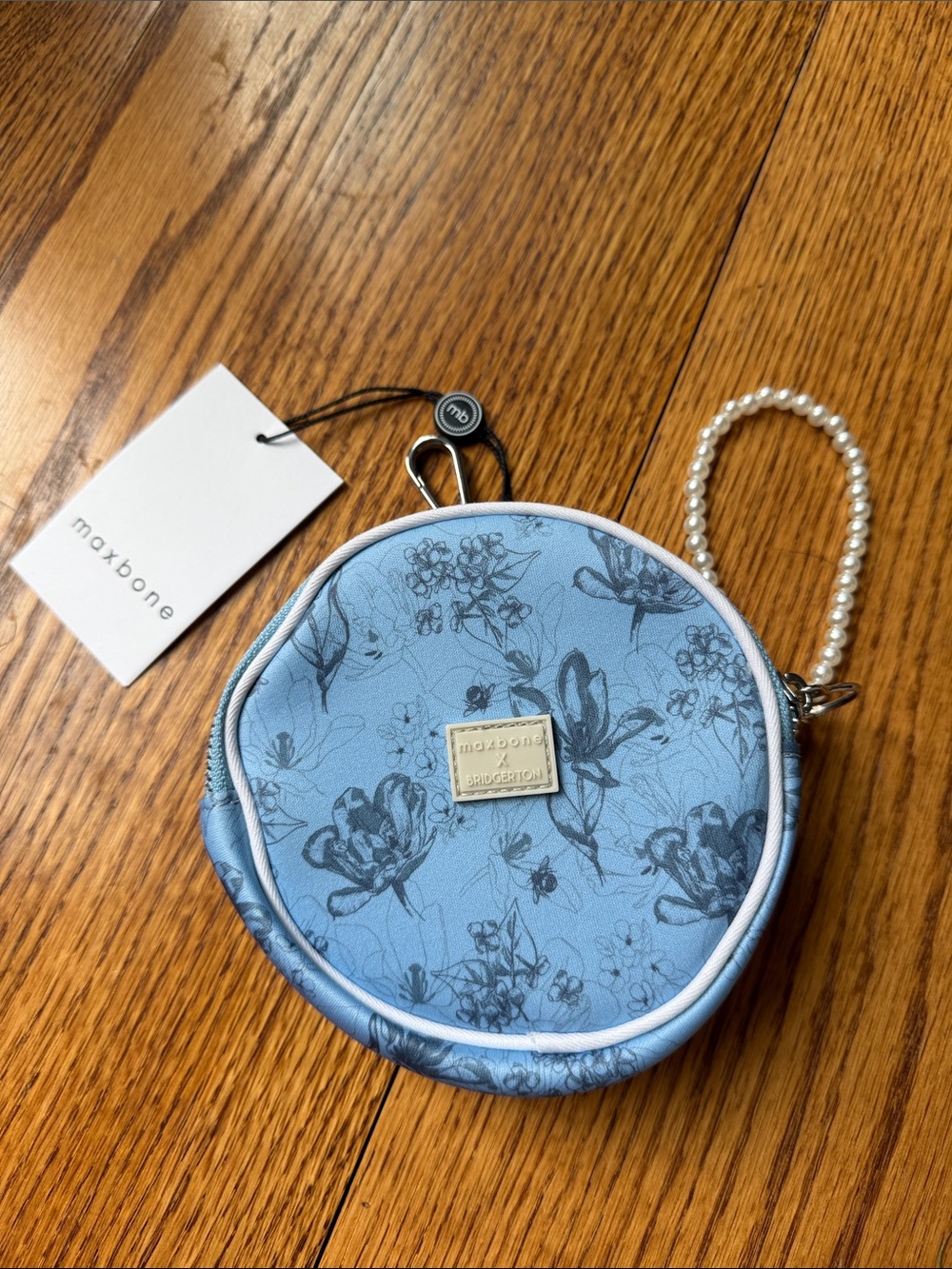 Maxbone x Bridgertone Dog Pet Blue Floral Round Treat Pouch with Pearl Wristlet